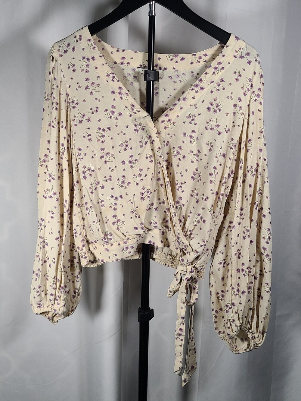 American Eagle Outfitters Cream Floral Wrap Blouse with Purple Print